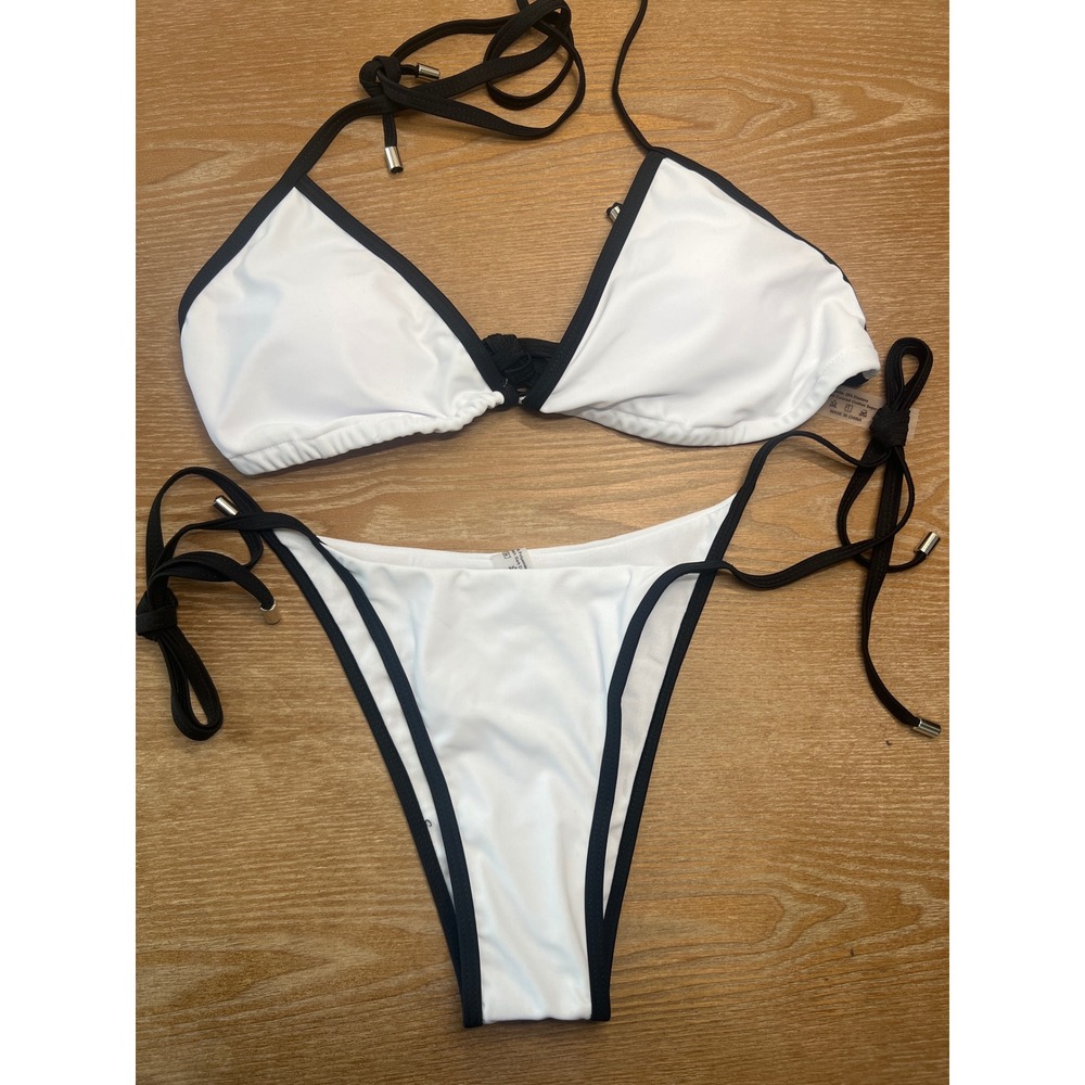 NWOT White Black Contrast Trim Triangle Bikini Set High Leg Side Tie Size M